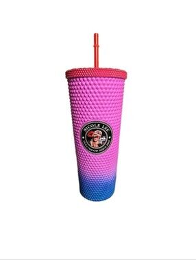 Nicole Lee Studded Tumbler Pink & Blue 24oz Cold Cup with Straw Lady in Black
